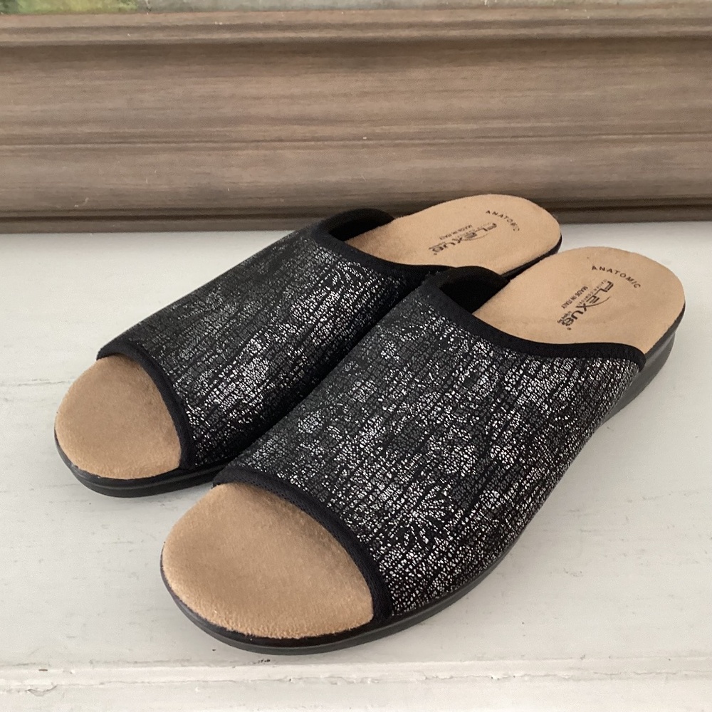 Flexus Anatomic Black Silver Floral Metallic Stretch Mules Slides Shoes 42 10/11